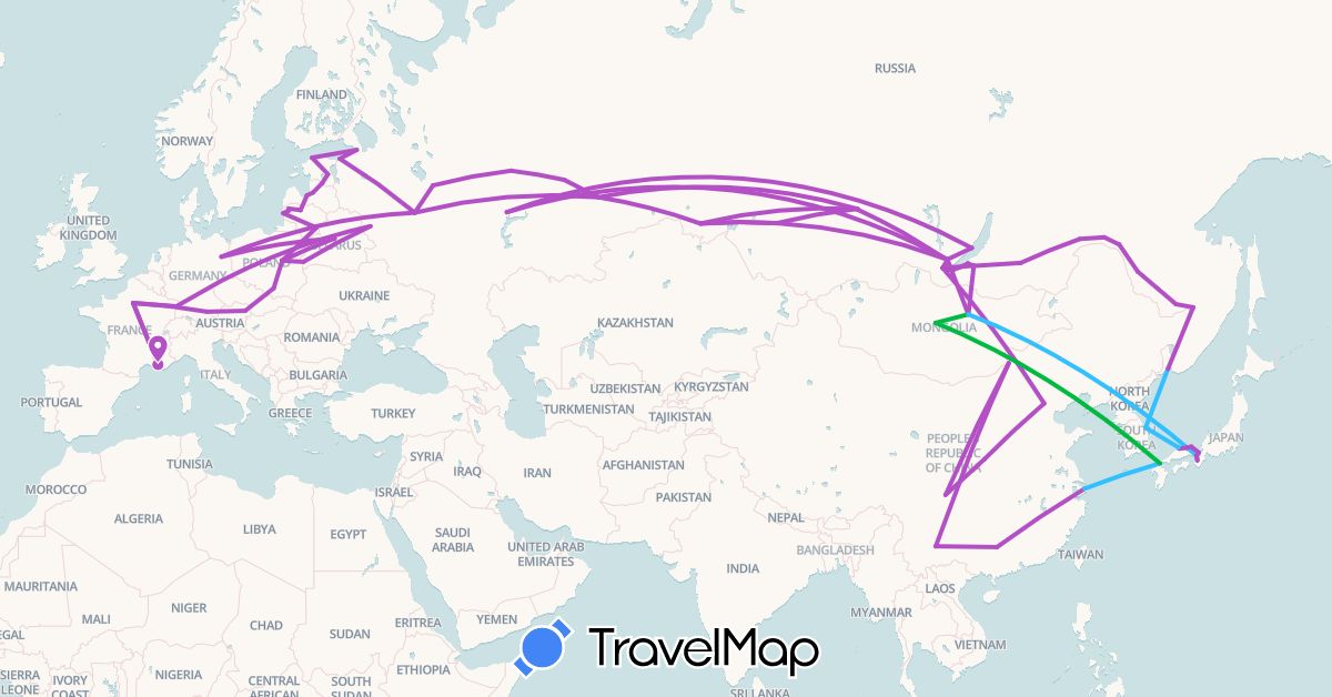 TravelMap itinerary: bus, train, boat in Austria, Belarus, China, Germany, Estonia, France, Japan, South Korea, Lithuania, Latvia, Mongolia, Poland, Russia (Asia, Europe)